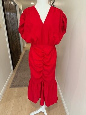 SHEIN Red V-Neck Ruched Midi with Puff Sleeves